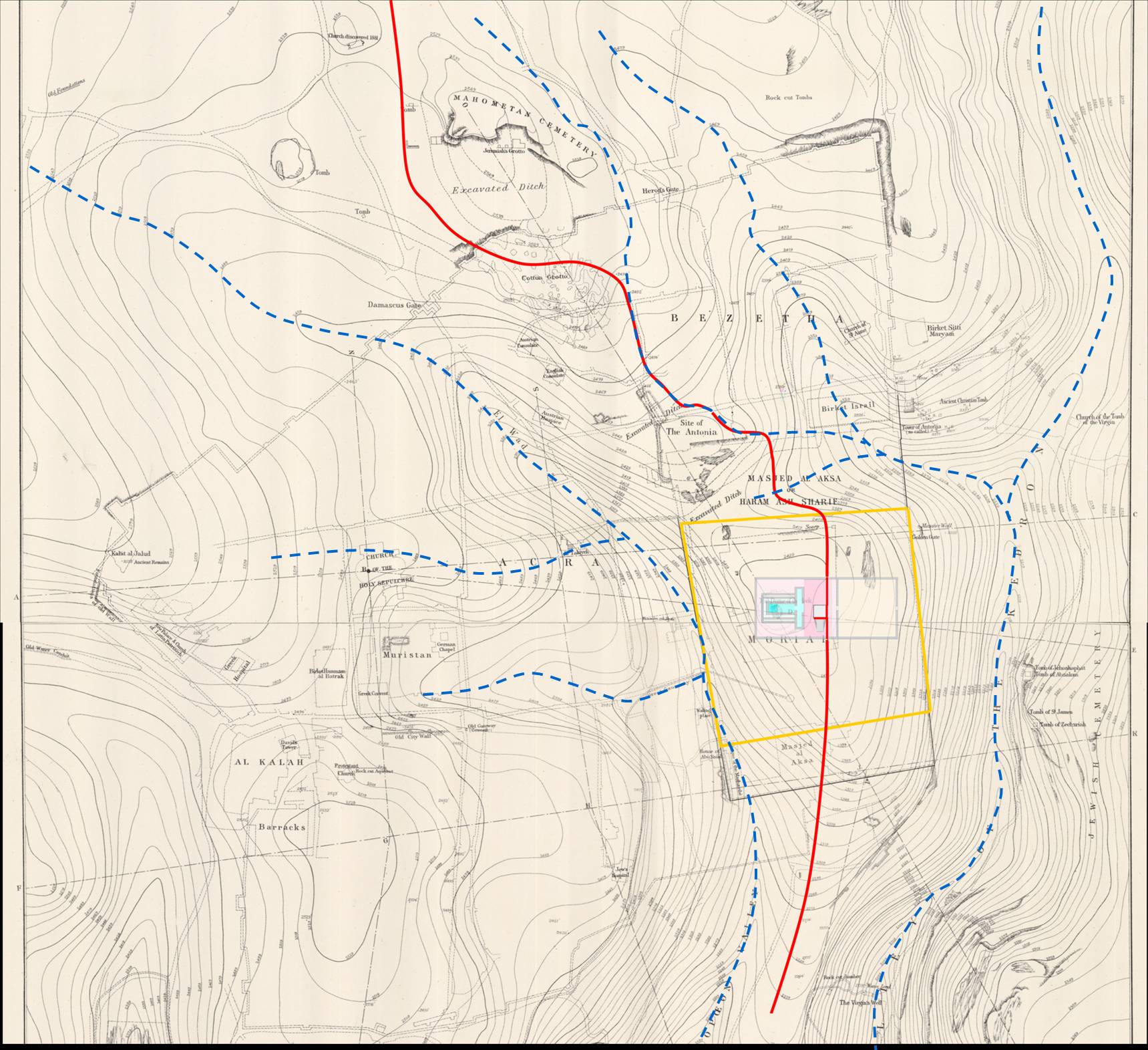 הר הבית והמקדש  על מפת קוי גובה של וורן..jpg