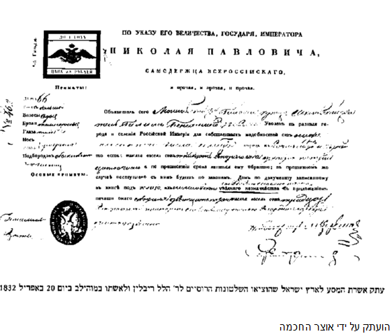 עותק אשרת המסע שהוציאו השלטונות הרוסיים לרבי הלל ריבלין בשנת תקצ''ב.png